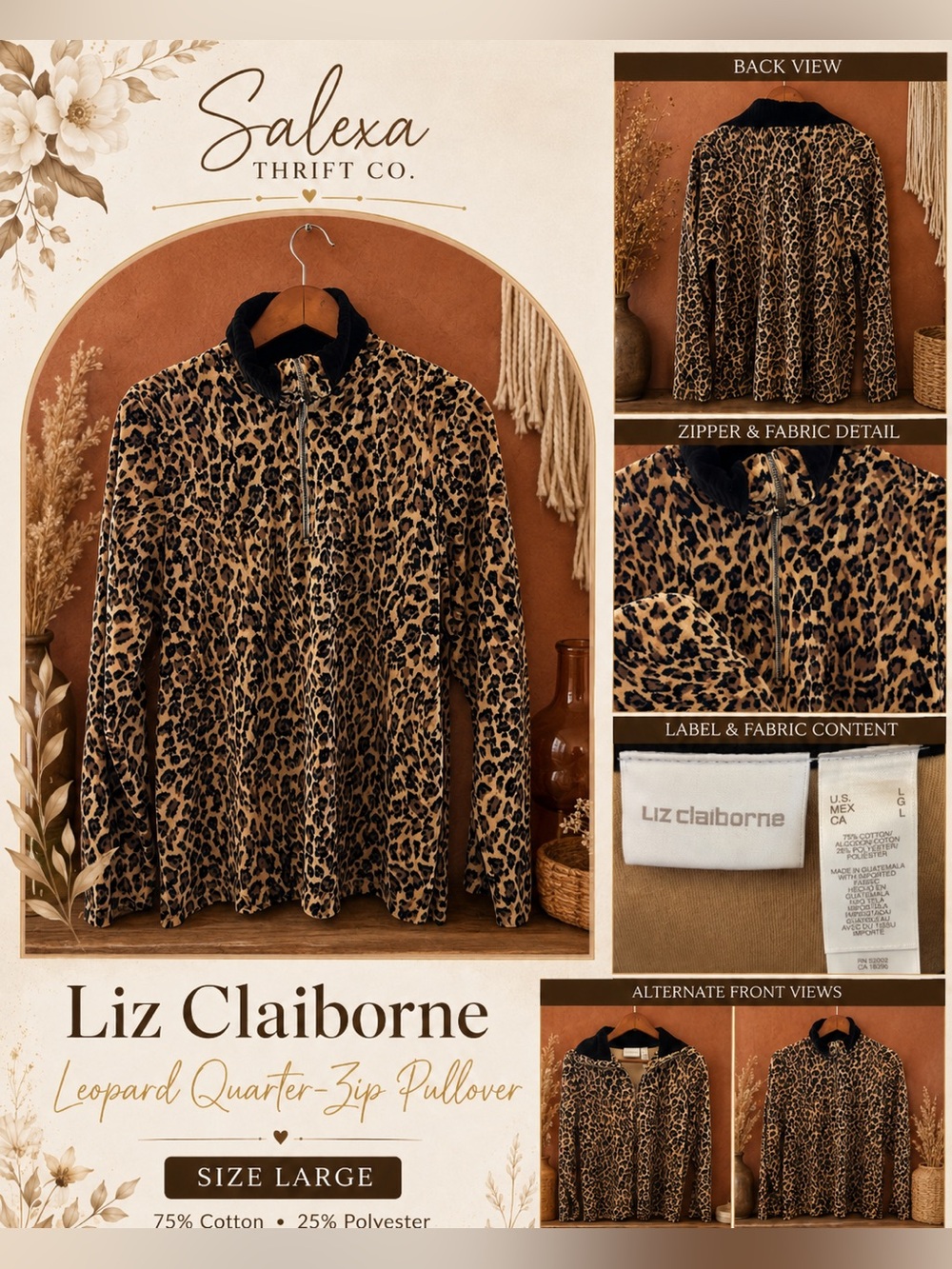 Liz Claiborne Leopard Print Quarter-Zip Pullover Jacket - Tan & Black